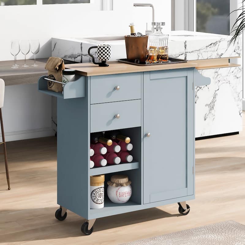 Rubberwood Kitchen Cart with Drop Leaf, Internal Storage Rack, Towel Holder, Spice Rack, and 2 drawers