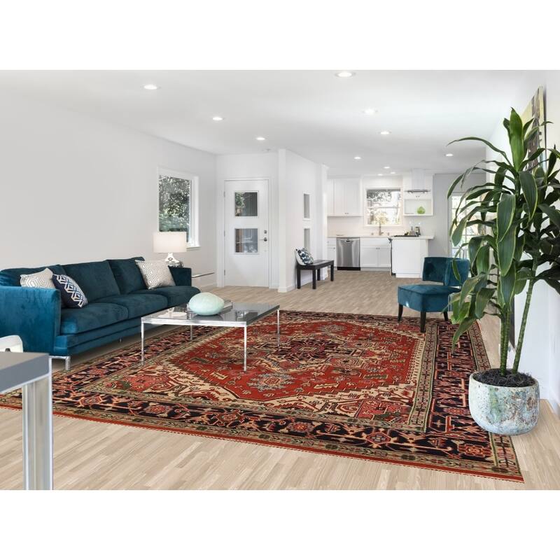 Geometric Heriz Serapi Indian Area Rug Hand-Knotted Wool Carpet - 8'11"x 11'7"