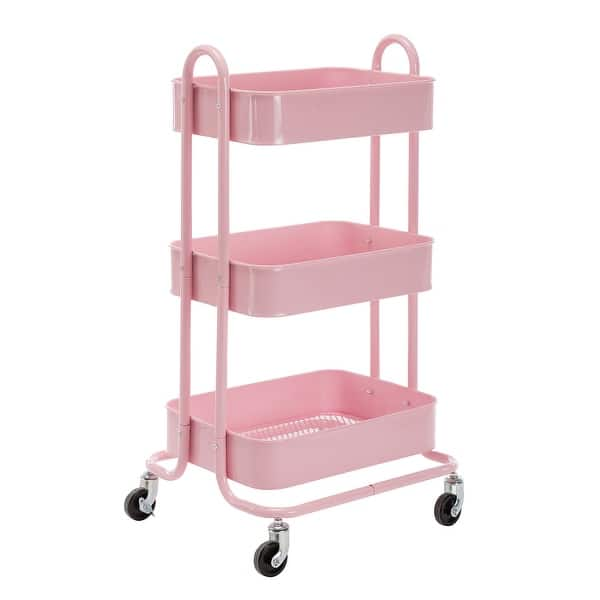 Pink 3-Tier Metal Cart Storage Shelves Organizer Trolley Cart with ...