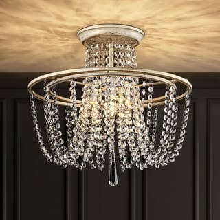 3-Light 17.32" Vintage Antique White Circle Round Crystal Semi-Flush Mount Light - 17.32 in. W x 16.14 in. H