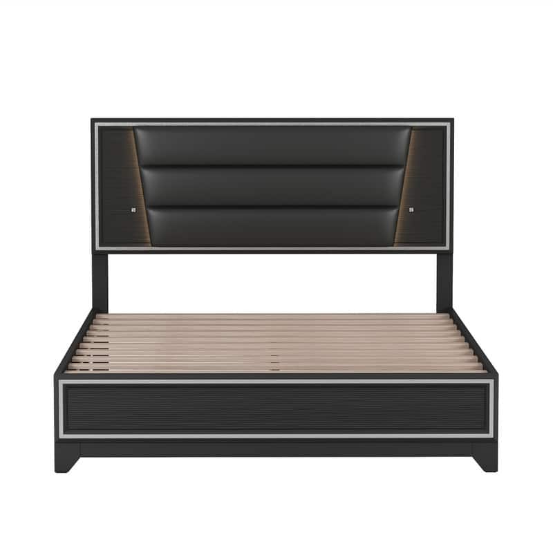 Queen Size Upholstered Platform Bed with LED Light Strips, PU Bed Frame with Headboard and Sparkling Shiny Decoration