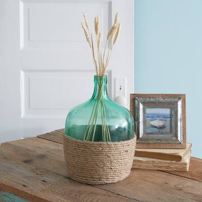 Curata Large Recycled Aquamarine Glass Vase with Jute Rope Accent - 10'' dia. x 14''H