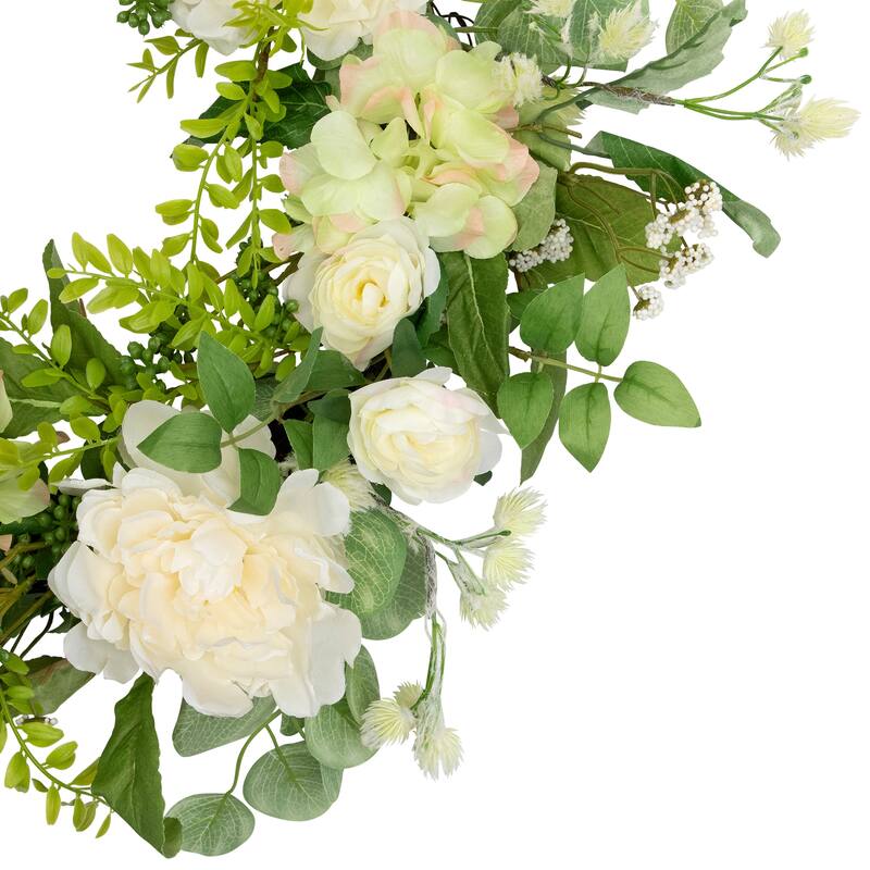 Hydrangea and Ranunculus Artificial Floral Eucalyptus Wreath - 23" - Cream and Green