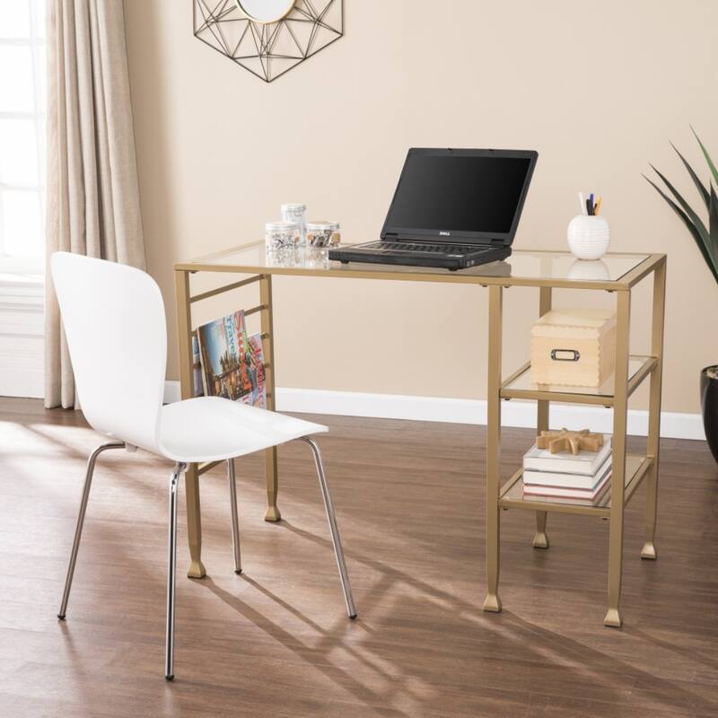 Clear Glass Gold Metal Writing Desk with Shelves and Storage Rails 43 inches
