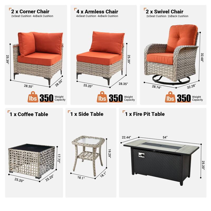 OVIOS 11 Pieces Outdoor Wicker Swivel Chair Set With Fire Table