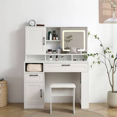 Vanity Table with Large Sliding Lighted Mirror, Modern Dressing Table with 2 Drawers, Storage Shelves and 1 Upholstered Stool