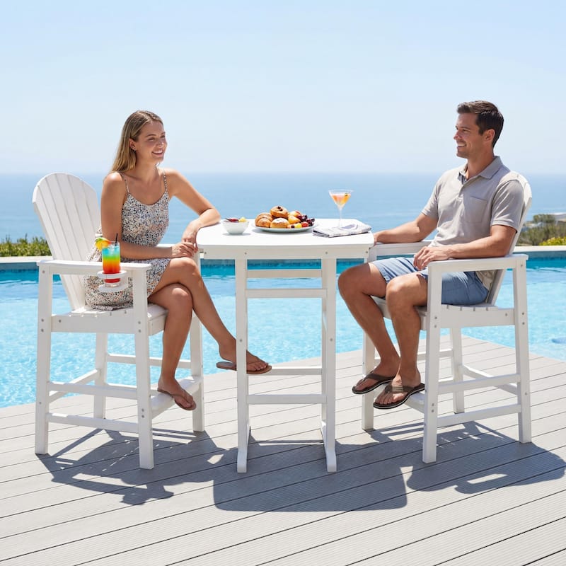 3-Piece HDPE Bar-Height Patio Set, 42.1" Square High Top Pub Table with Umbrella Hole + 2 Bar Stools with Cup Holders
