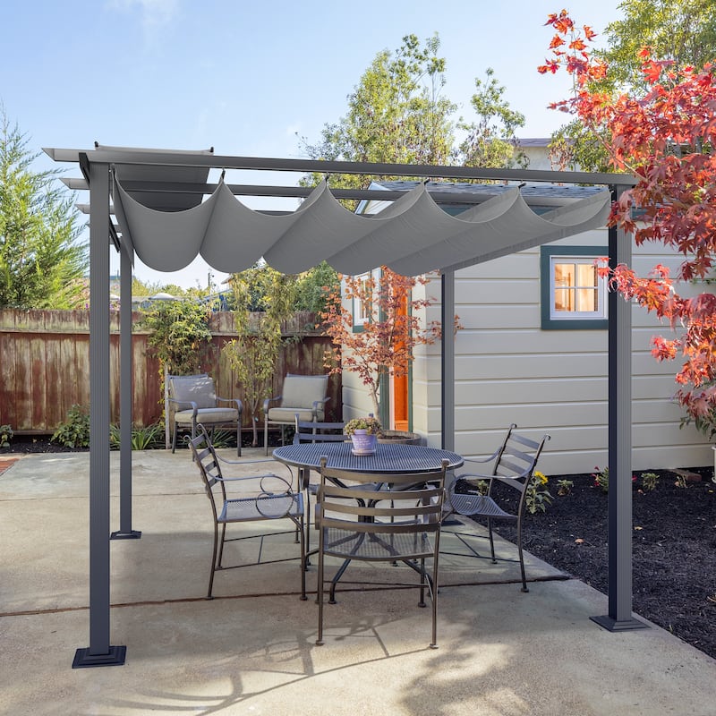 10 ft. x 10 ft. Wood Grain Aluminum Outdoor Pergola with Retractable Shade Canopy