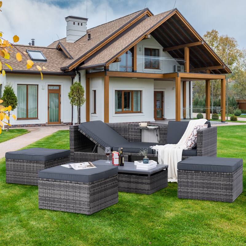 5 Piece Outdoor PE Wicker Sofa Set, Patio Conversation Furniture Set with Lift TOP Coffee Table and Lounger Sofa - Dark Gray