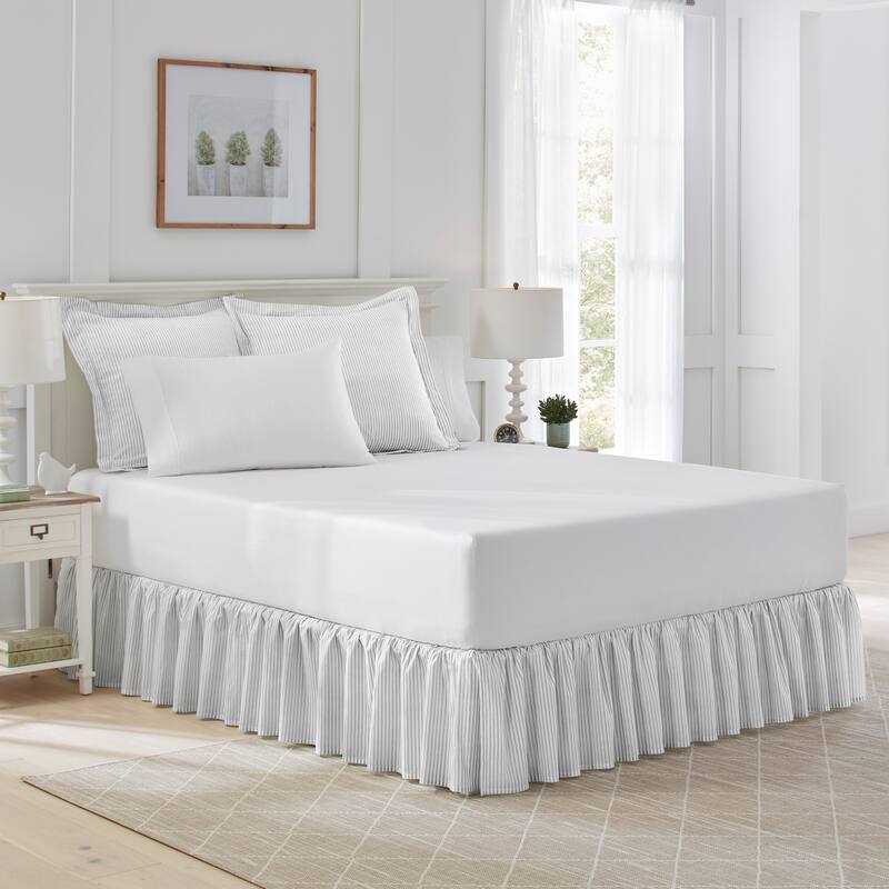 Laura Ashley Classics Printed Cotton Ruffled Bedskirt - Twin - Classic Ticking Stripe Grey