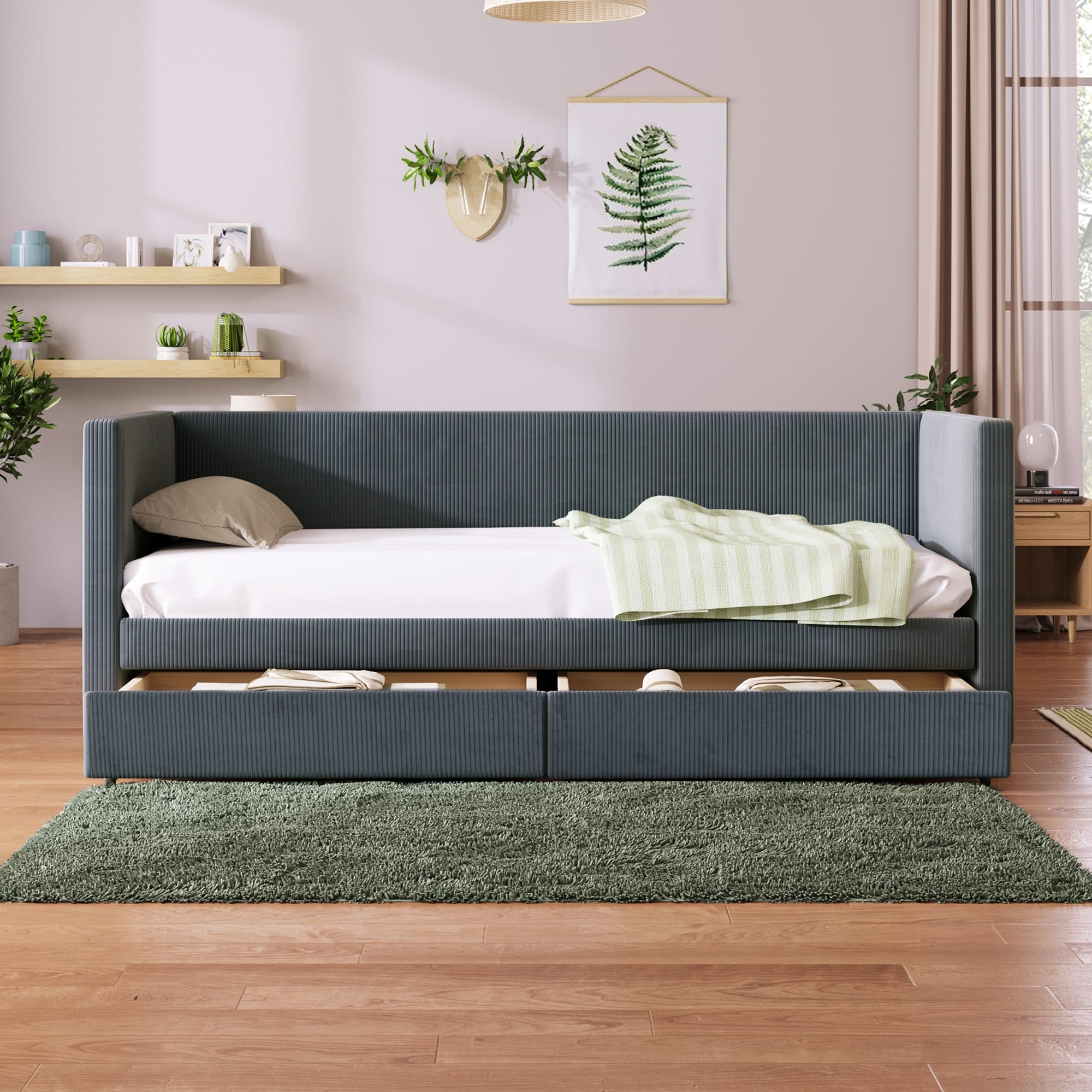 Twin Size Upholstered Daybed with Trundle, Solid Wood Platform Bed