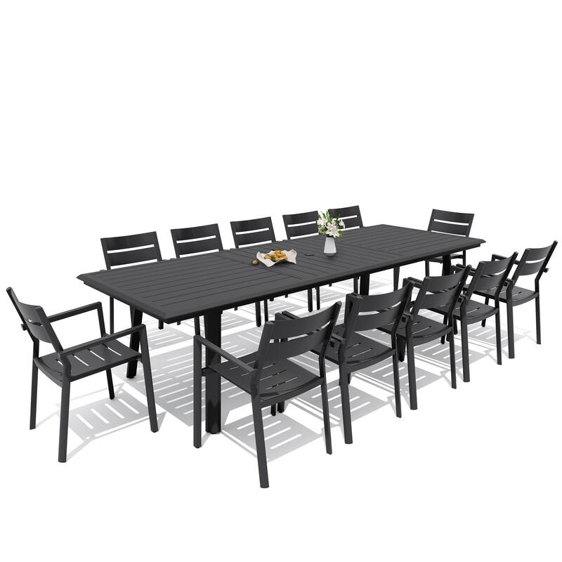7/9/11/13-Piece Patio Dining Set Outdoor All-Weather Aluminum Dining Table with Umbrella Hole and Stackable Chairs