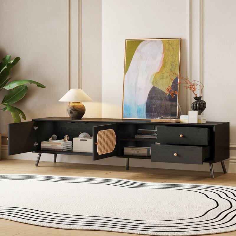 Mid Century Modern Entertainment Center with Rattan Doors, 2 Drawers, and Open Shelf