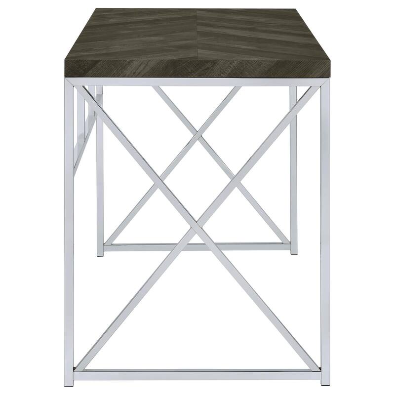 Modern Writing Desk with Chrome X-Shaped Metal Base and Rustic Grey Herringbone Finish for Office or Living Room