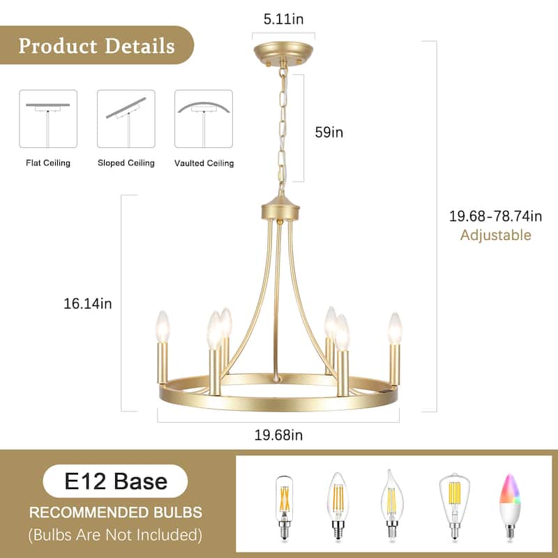6-Light Farmhouse Chandelier, Modern Wagon Wheel Chandelier for Dining Room Living Room Bedroom Kitchen