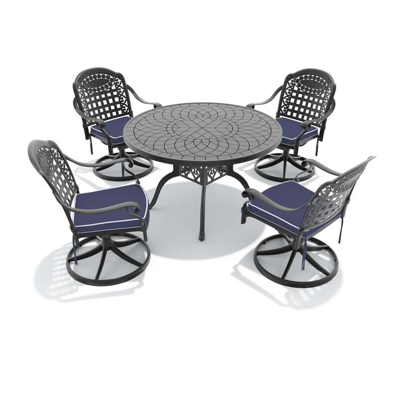 5-Piece Aluminum Rectangular Outdoor Patio Dining Set, 4 Cushioned Swivel Chairs, Table, All-Weather Frames
