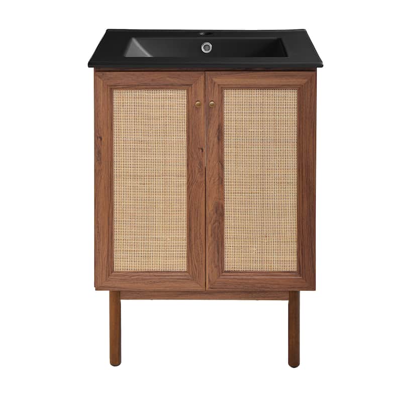 Classe 24 In. Brown Oak Bathroom Vanity With Black Ceramic Sink Top