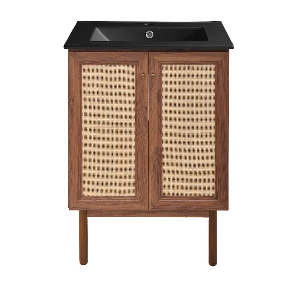 Classe 24 In. Brown Oak Bathroom Vanity With Black Ceramic Sink Top