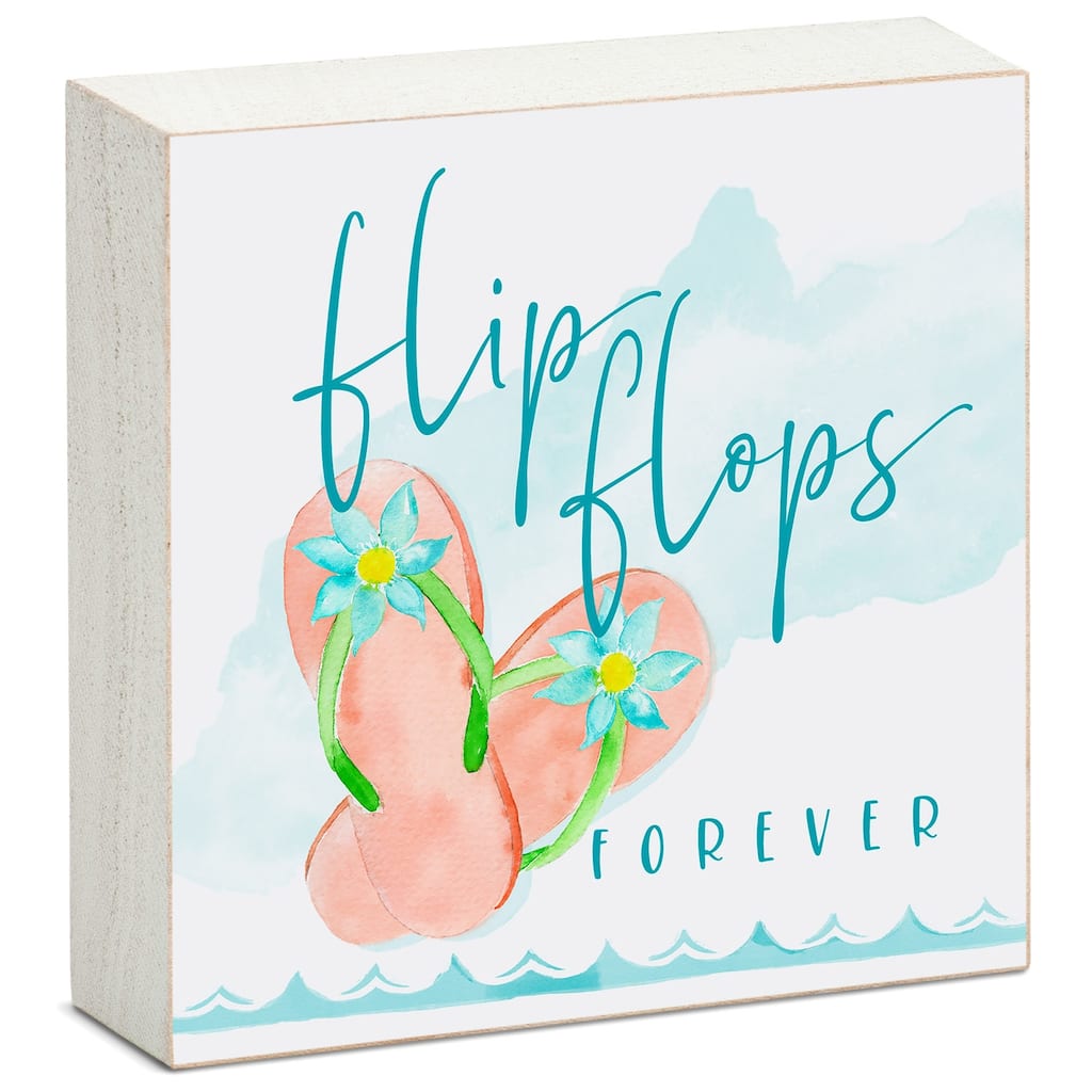 Wood Block Décor Message Flip Flops Forever Sign, 3.75 inches Square, Made in The USA - Multi-4