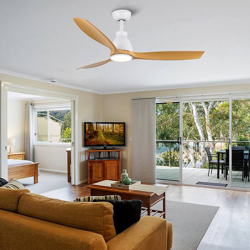 52 In.Intergrated LED Ceiling Fan with Antique Wood Graiin Blade - 	White+Walnut