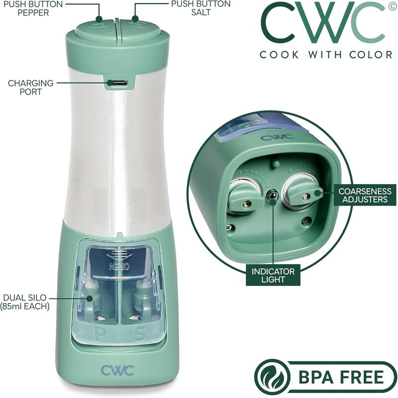 COOK WITH COLOR 2-in-1 Rechargeable Salt & Pepper Shaker - 2 Grinders for Salt and Pepper