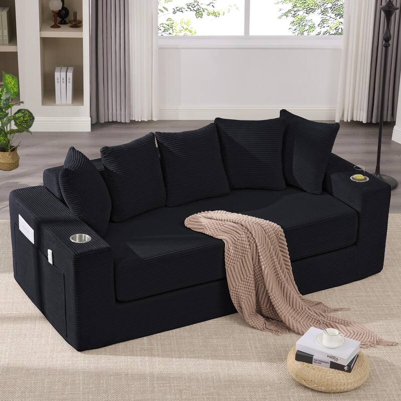 2-in-1 Convertible Sleeper Sofa, Floor Folding Couch, Sofa Bed with Side Pocket, Pull Out Loveseat with Cup Holders