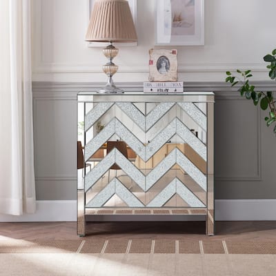32.5" Tall MDF 2-door Storage Cabinet in Silver with Mirror Trim and M Shape Design Spliced Combination