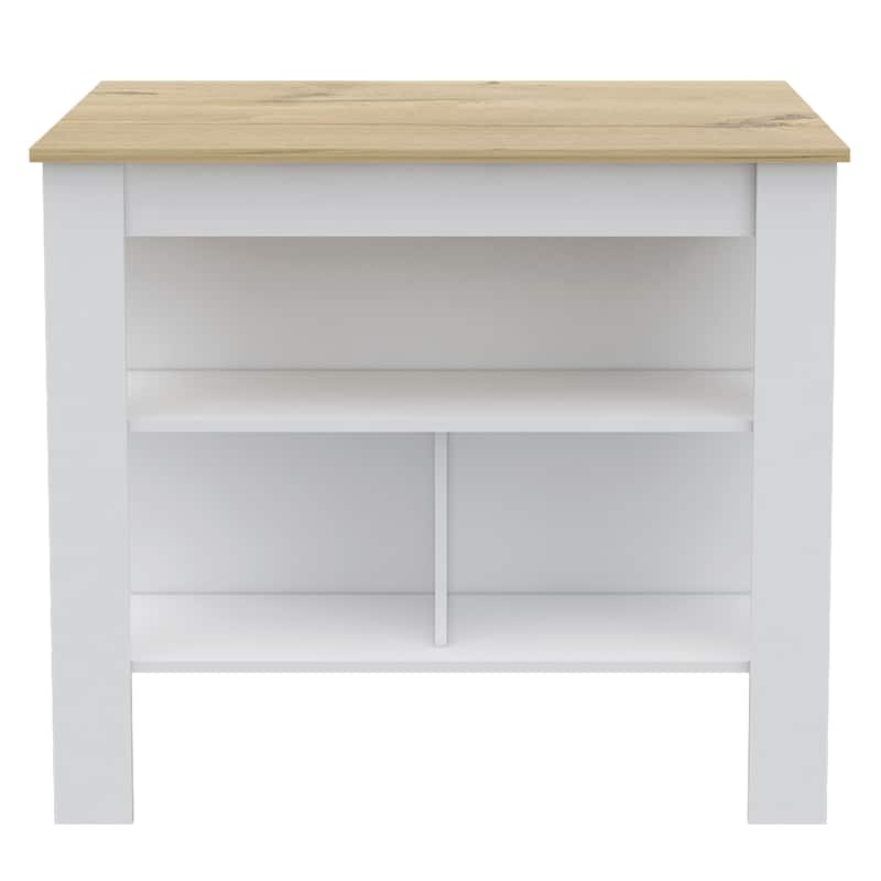 Modern Kitchen Island, 3 Storage Shelves, Spacious Top Surface, White & Walnut Finish, 35.4" Height