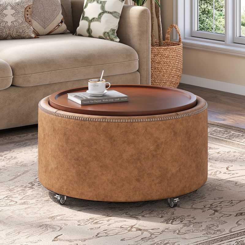 Christopher Knight Home - Mollet Modern 30" Round Hidden Storage Ottoman with Removable Wooden Lid & Rolling Wheel Casters - Brown