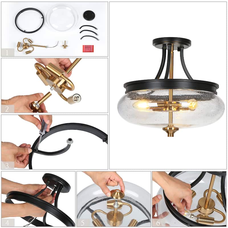Zenith Modern Transitional Black Gold Semi Flush Mount Lights Drum Seeded Glass Foyer Ceiling Lights - D 14" x H 12.5"