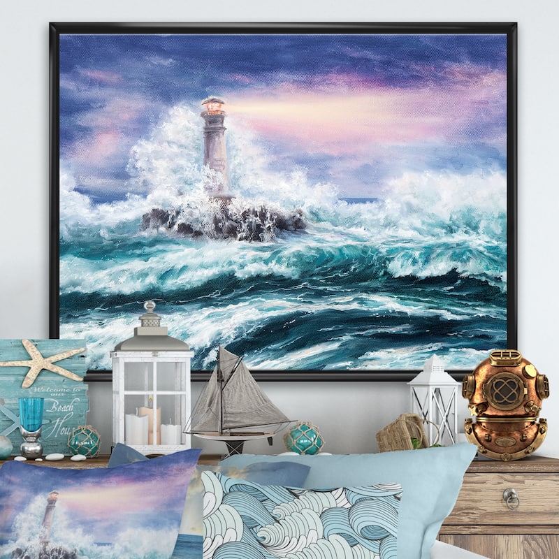 Designart "Lighthouse Wild Blue Ocean Waves" Nautical & Coastal Framed Canvas Wall Art Print - 40 in. wide x 30 in. high - Black