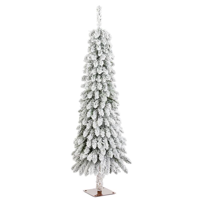 Glitzhome 4.5ft/6ft/7.5ft Pre-Lit Flocked Artificial Snowy Downswept Christmas Tree with Foot Pedal Control LED Lights