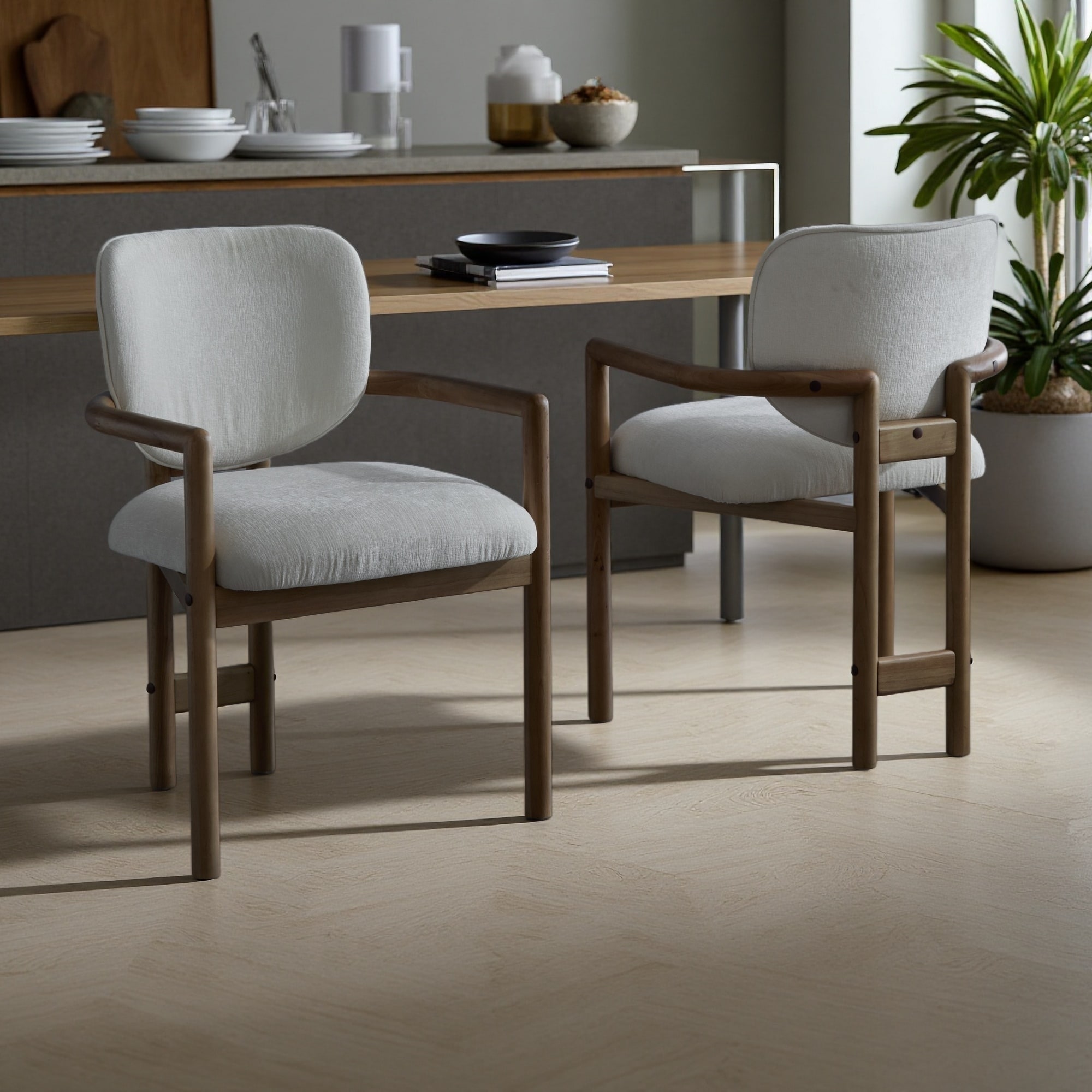 33.75"H Set of 2 Rubber Wood Upholstered Fabric Dining Chairs with Armrests, King Louis Backrest, Easy Care & 300 lbs Capacity