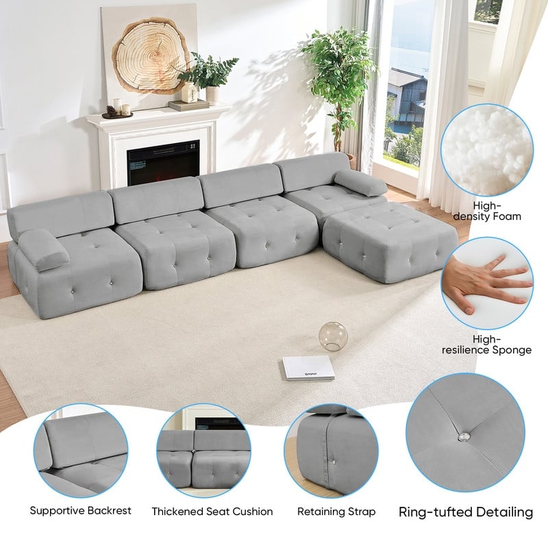 Mixoy 134inch Modular Sectional Sofa with Ottoman,Velvet L-Shaped Couch Indoor for Living Room - 133.9"w x 66.9"D x 24.8"H