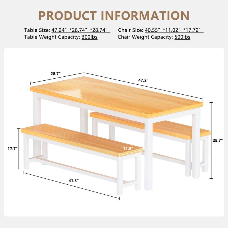 Mieres 3-Piece Dining Table Set with Two Benches, Kitchen Table Set for 4-6 Persons