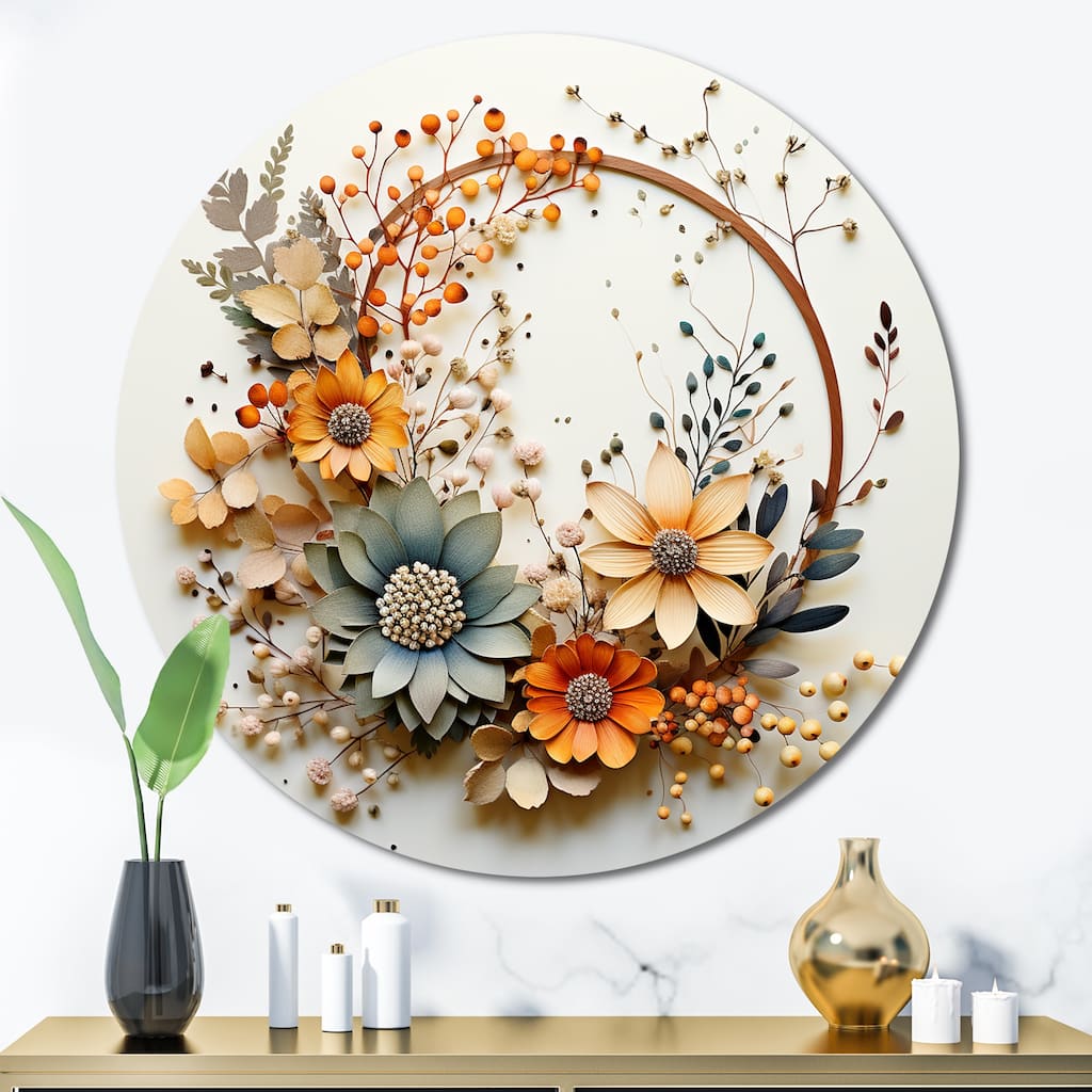 Designart "Beige and Orange Floral Wreath I" Floral Metal Circle Wall Art
