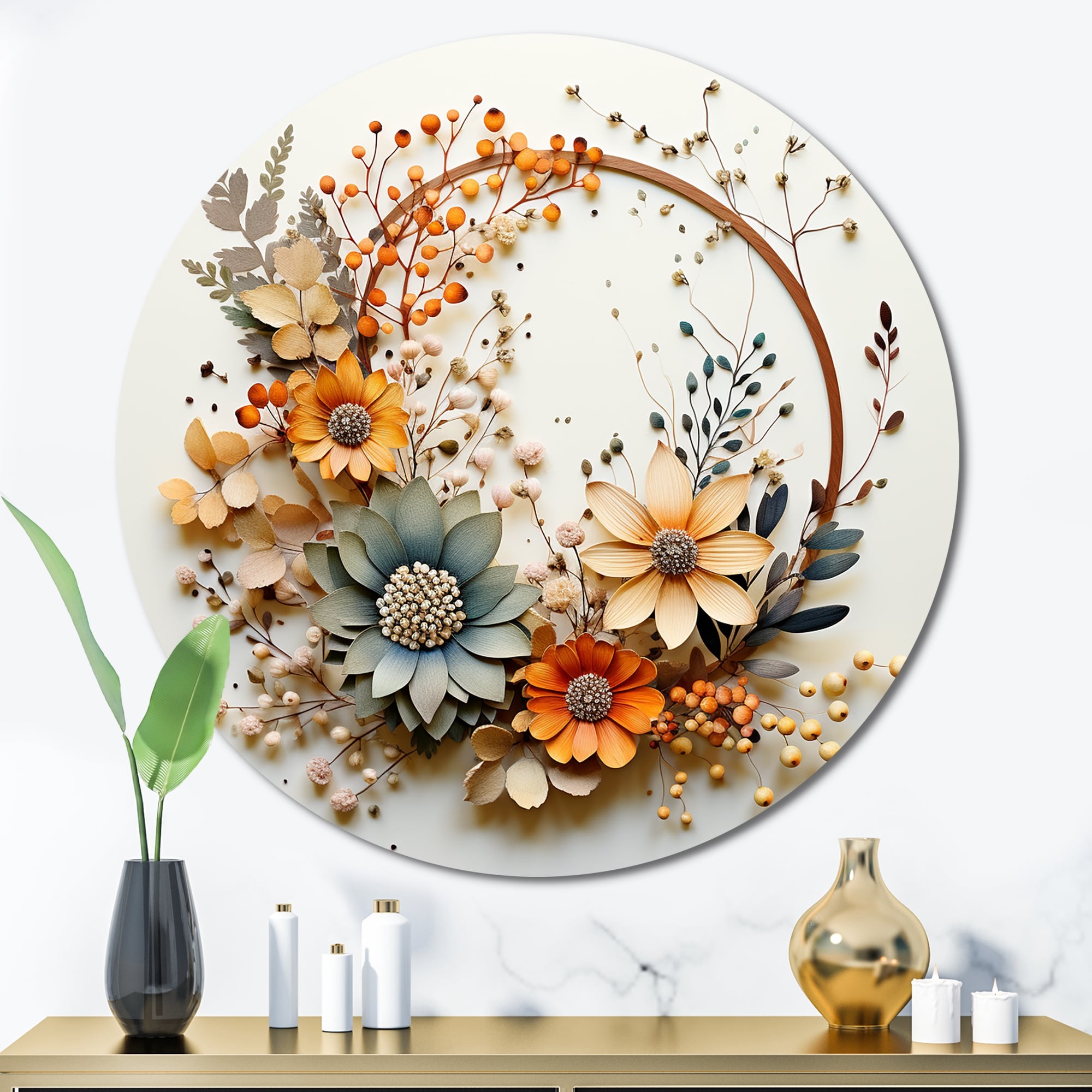 Designart "Beige and Orange Floral Wreath I" Floral Metal Round Wall Art Print