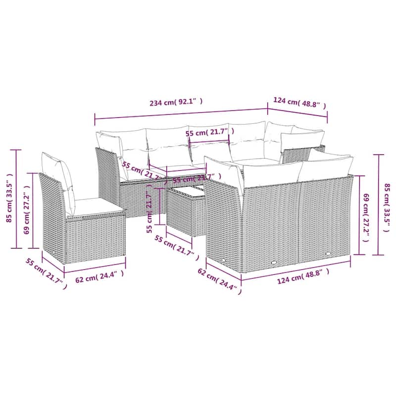 vidaXL 8/9 Piece Patio Sofa Set with Cushions Brown/Gray Poly Rattan - 21.7 x 24.4 x 27.2