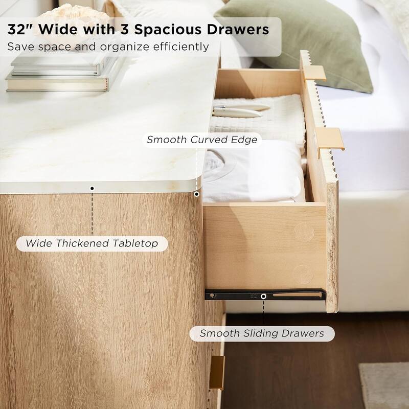 Modern fluted 3 Chest of Drawers, Dresser for Bedroom, Living Room