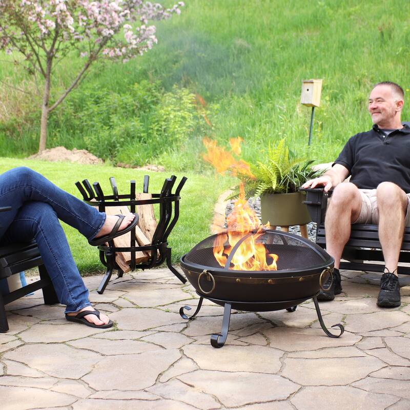 Sunnydaze Victorian Steel Fire Bowl with Handles and Spark Screen
