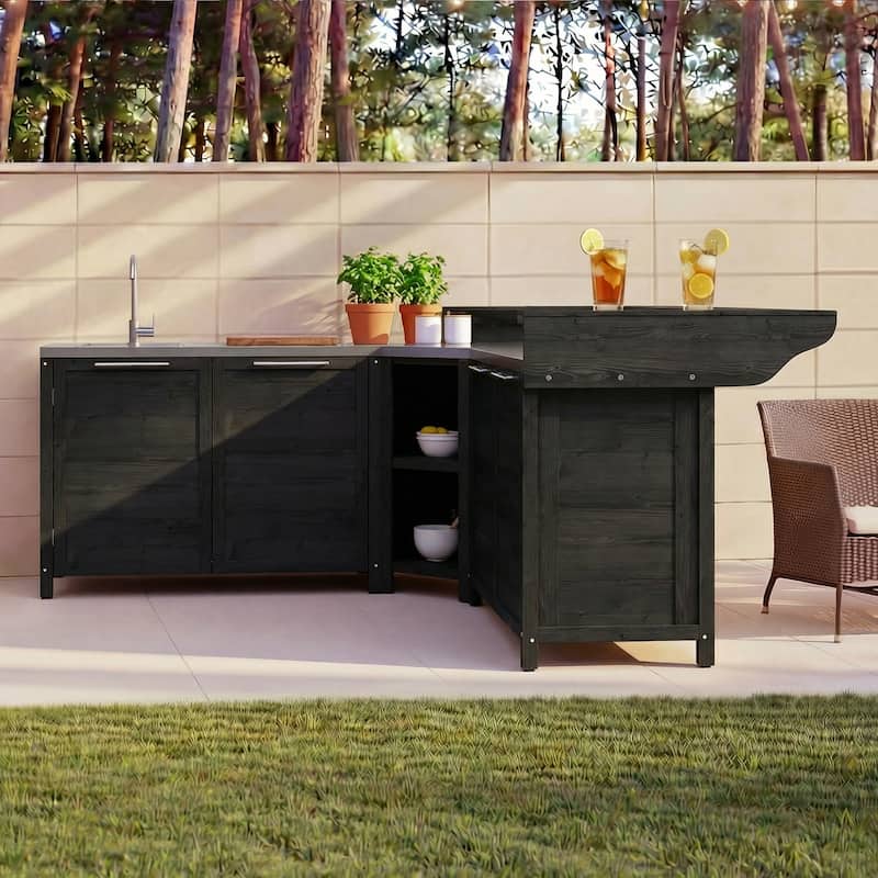 Outdoor BBQ Kitchen Cabinet Set, 100% Solid Wood Patio Kitchen Storage Stainless Steel Countertop