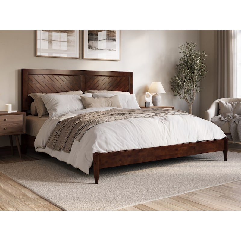 King Size Wood Platform Bed - Low Profile Solid Wood Bed Frame Walnut Finish