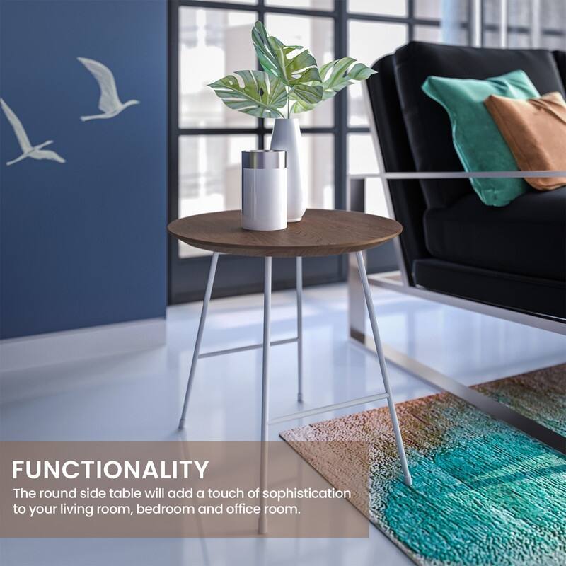 Rossmore Modern MDF Round Ash Wood Veneer Tabletop Side Accent Table with White Stainless Steel Frame for Home or Office