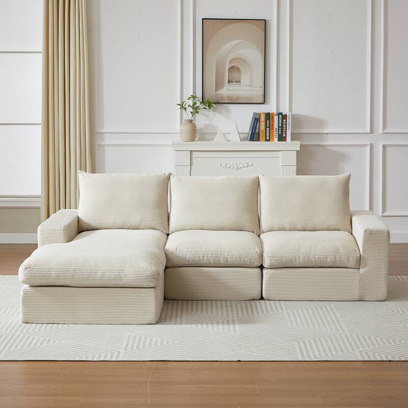 L-Shaped Sectional Sofa with Chaise Lounge, Corduroy Upholstered Boneless Couch, Module Corner Sofa with 3 Pillows