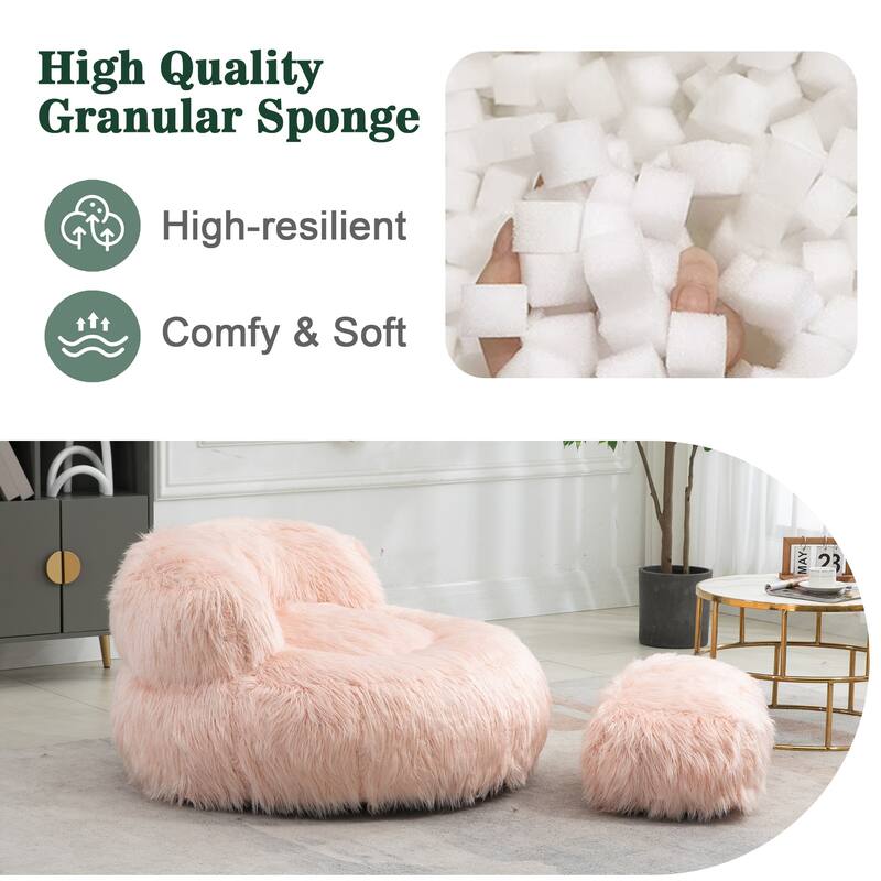 Plush Upholstered Round Comfort Lounger Bean Bag Chair with Ottoman