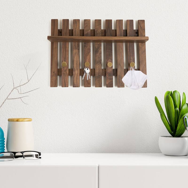 Dark Solid Wood Wall Organizer With Tray Storage - 15.35" L