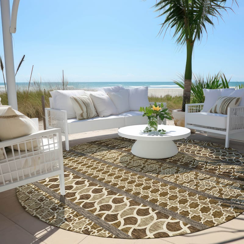 Machine Washable Indoor/ Outdoor Chantille Stripe Boho Rug - Mocha - 8' x 8'