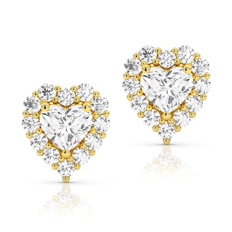 F/VS 1.30Ct Heart Shape Diamond Halo Studs White or Yellow Gold Lab Grown