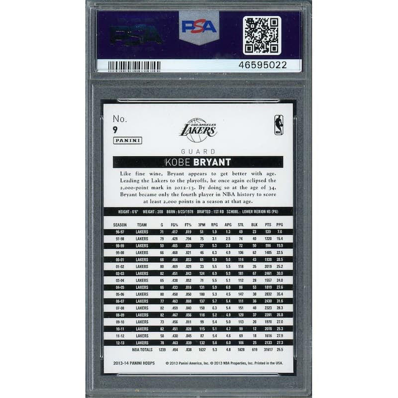 Kobe Bryant 2013 Panini Hoops Gold Basketball Card #9 Graded PSA 9 MINT - 8'6" x 11'6"