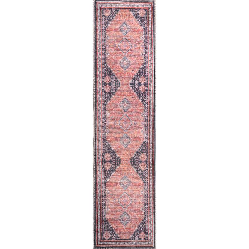 JONATHAN Y Didim Geometric Medallions Machine Washable Area Rug - 2 X 8 - Terra/Navy